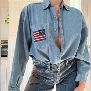 Denim American flag button down